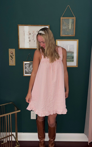 Pink Gingham Cottagecore Dress with Ruched Straps & Bow Back Effortlessly Her Pink Gingham Cottagecore Dress with Ruched Straps & Bow Back Effortlessly Her
